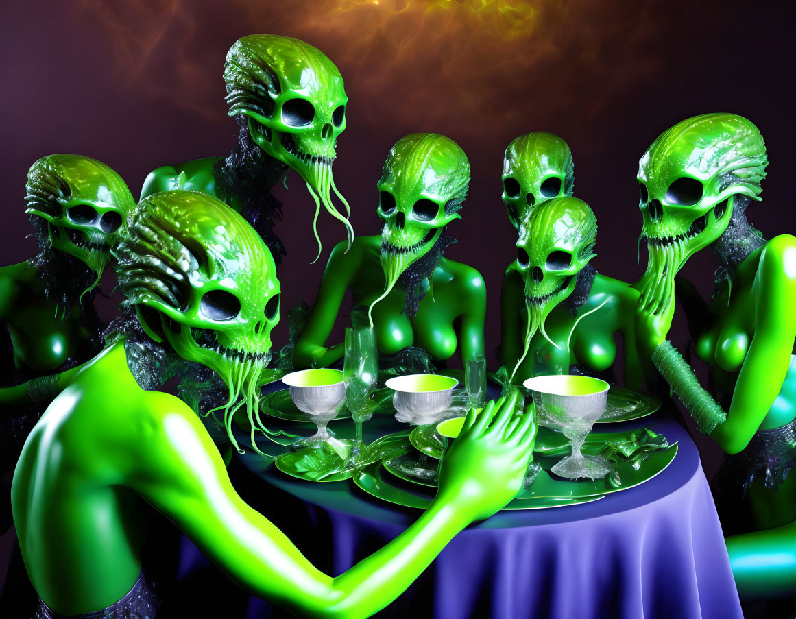 Green skeletal alien figures at a table in purple lighting