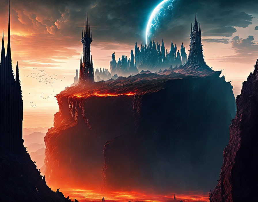 Fantasy castle on floating island with lava edges under fiery sky