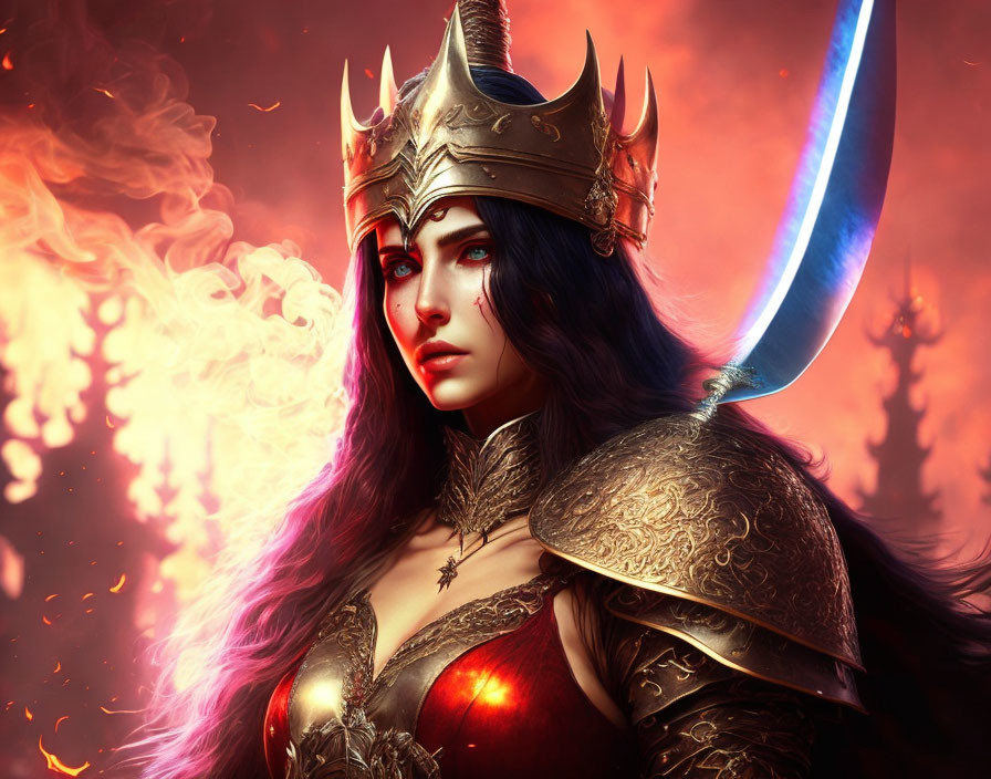 Female warrior in armor with crown and glowing sword on fiery red background