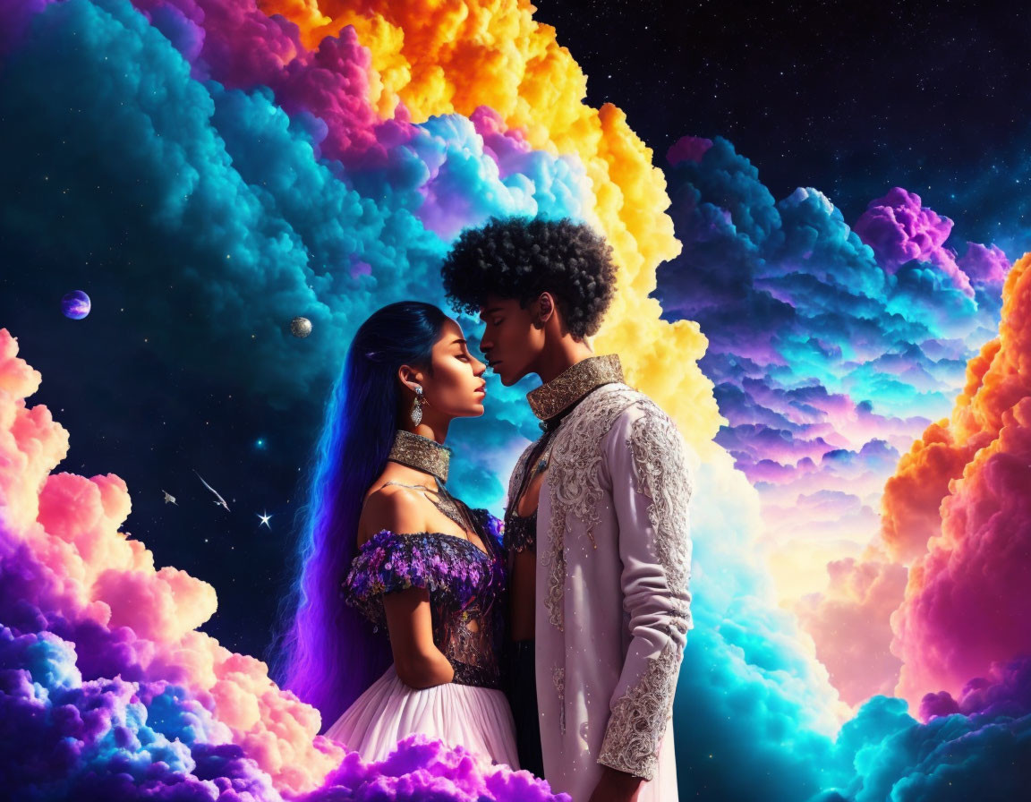 Couple in Romantic Cosmic Setting with Colorful Nebulae