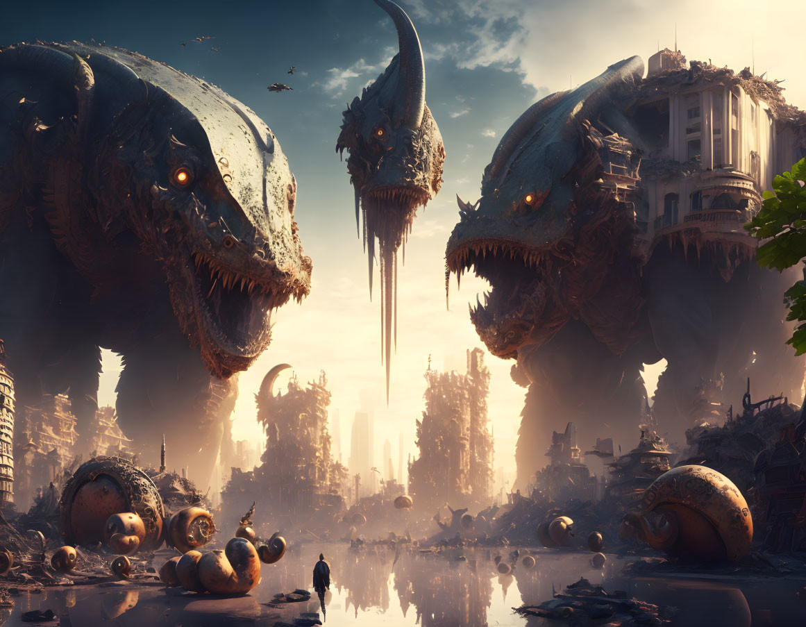 Futuristic city ruins with massive menacing creatures