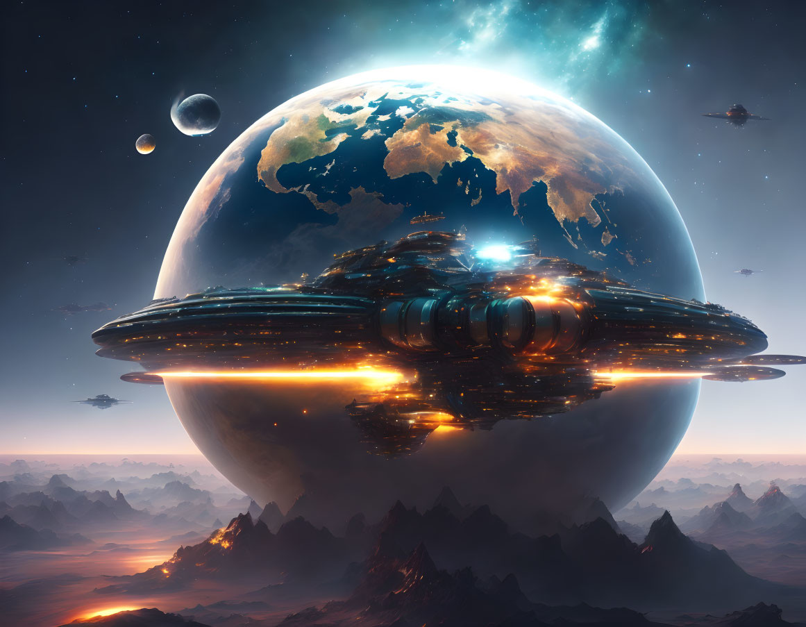 Futuristic spaceship above alien landscape with Earth-like planet