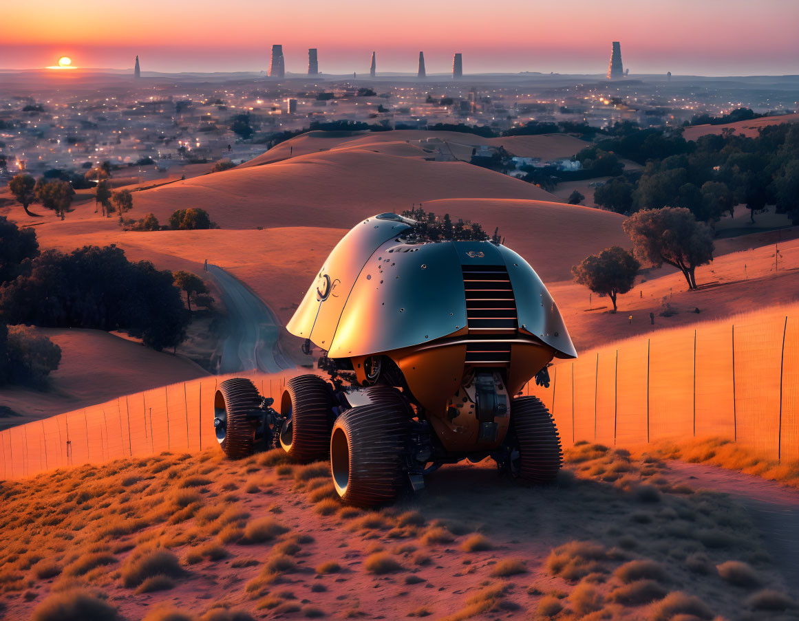 Futuristic vehicle with large wheels in hilly landscape at sunset