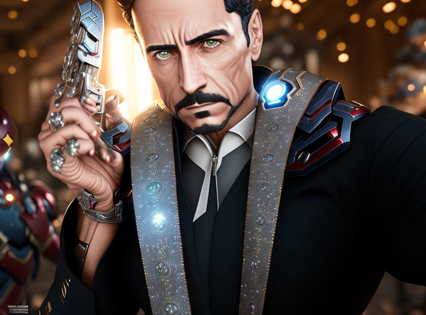 Illustrated character with beard in suit and advanced mechanical gauntlet.