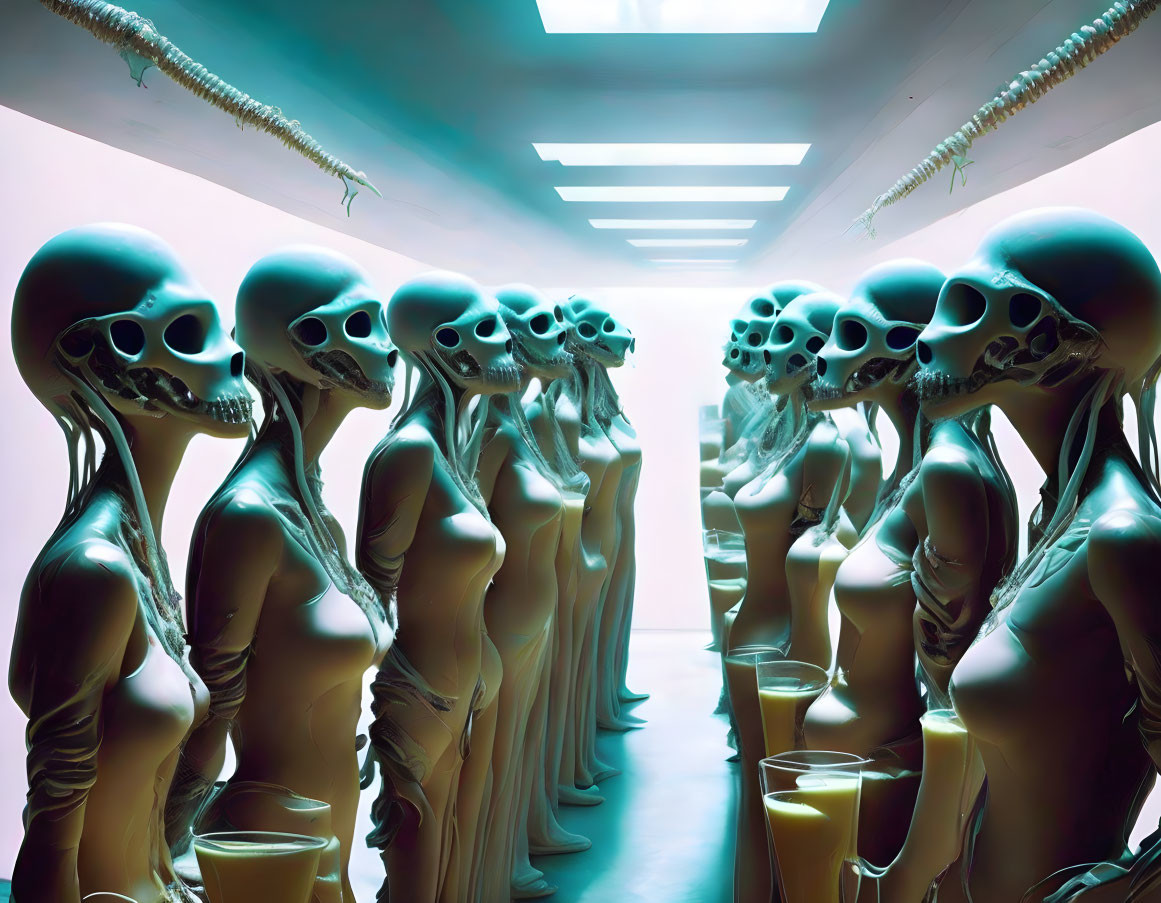 Surreal humanoid figures with elongated skulls in neon-lit hallway