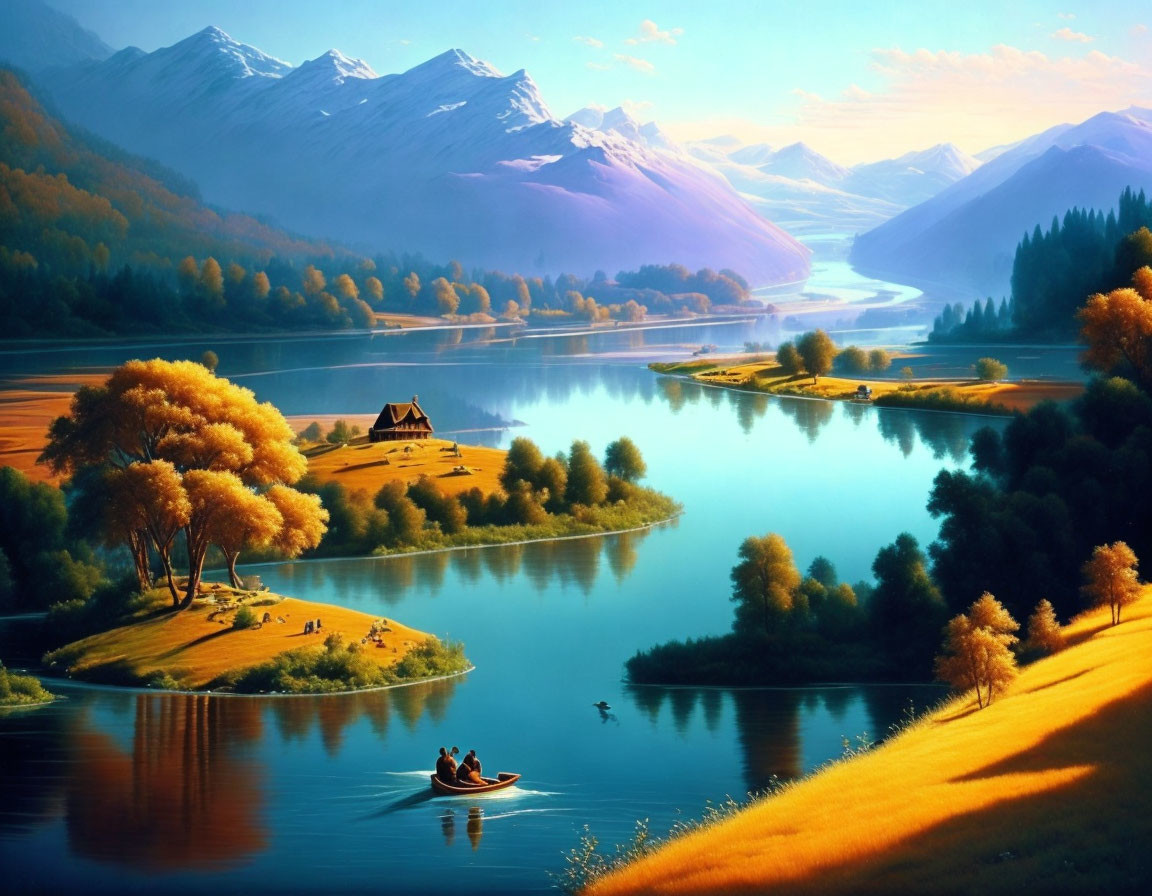 Tranquil landscape with river, mountains, boat, trees, and cabin