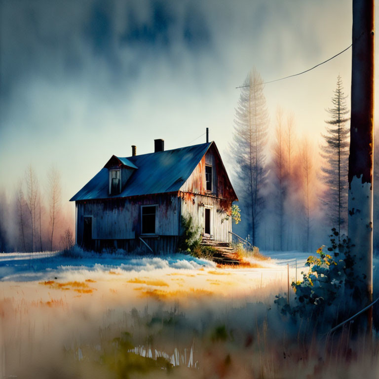 Tranquil painting of isolated house in foggy forest clearing at dawn or dusk