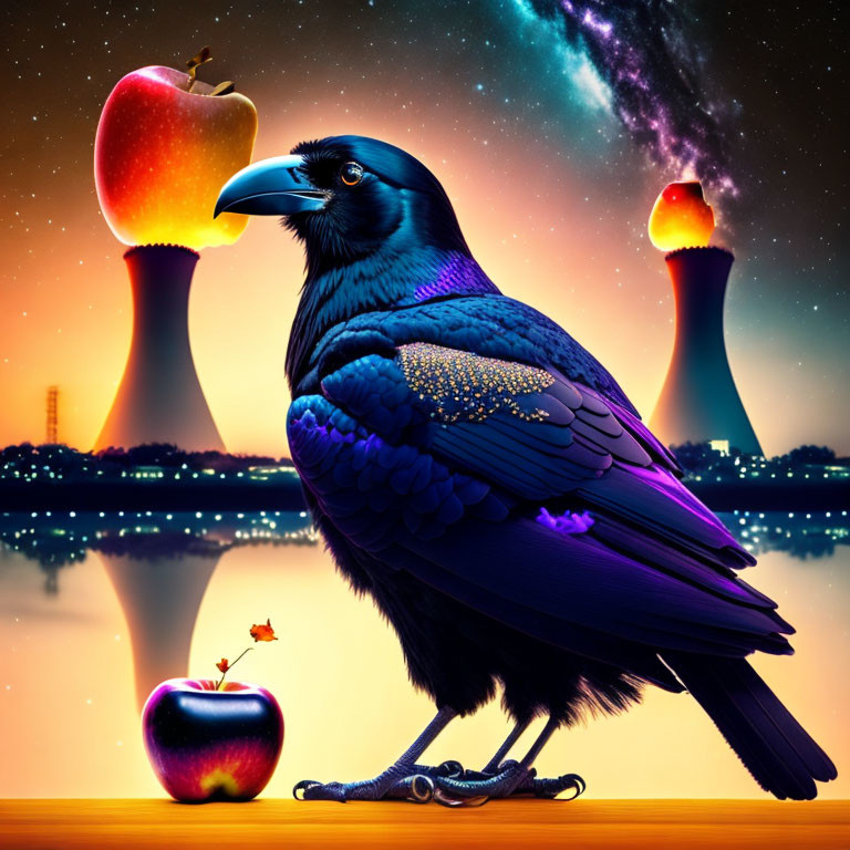 Colorful raven beside apple and rose on industrial background with starry sky