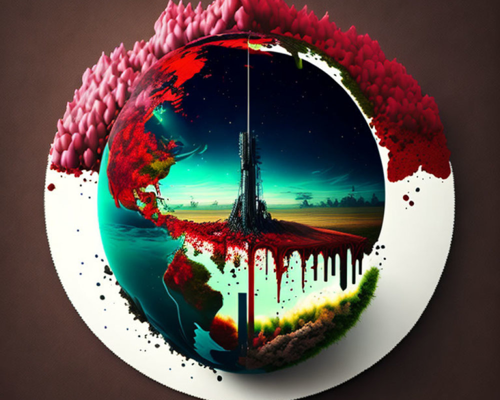 Spherical world artwork with bleeding tree symbolizing environmental themes