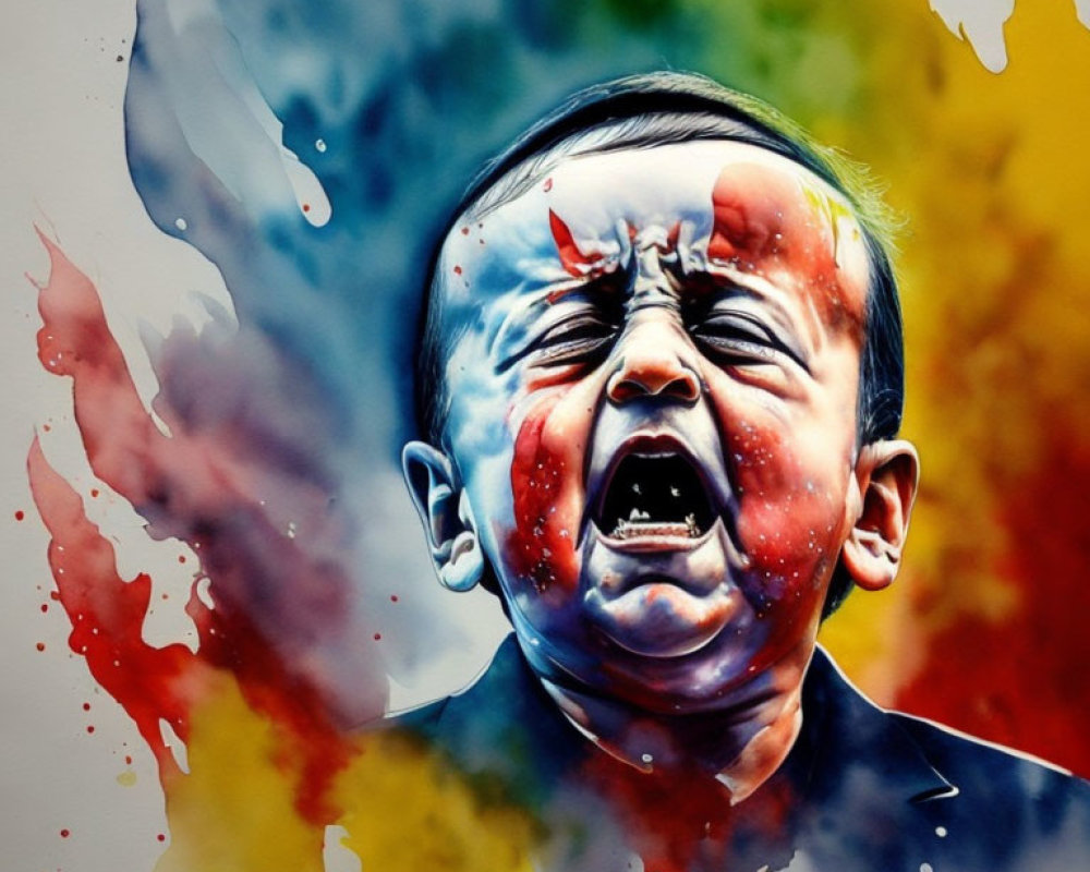 Colorful Watercolor Artwork of Child Mid-Scream