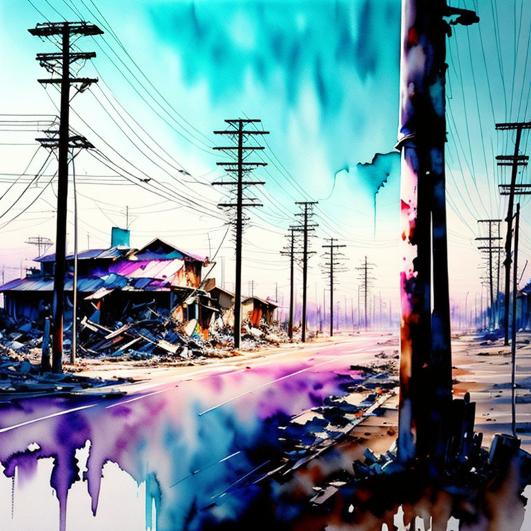 Vibrant digital art of post-apocalyptic landscape