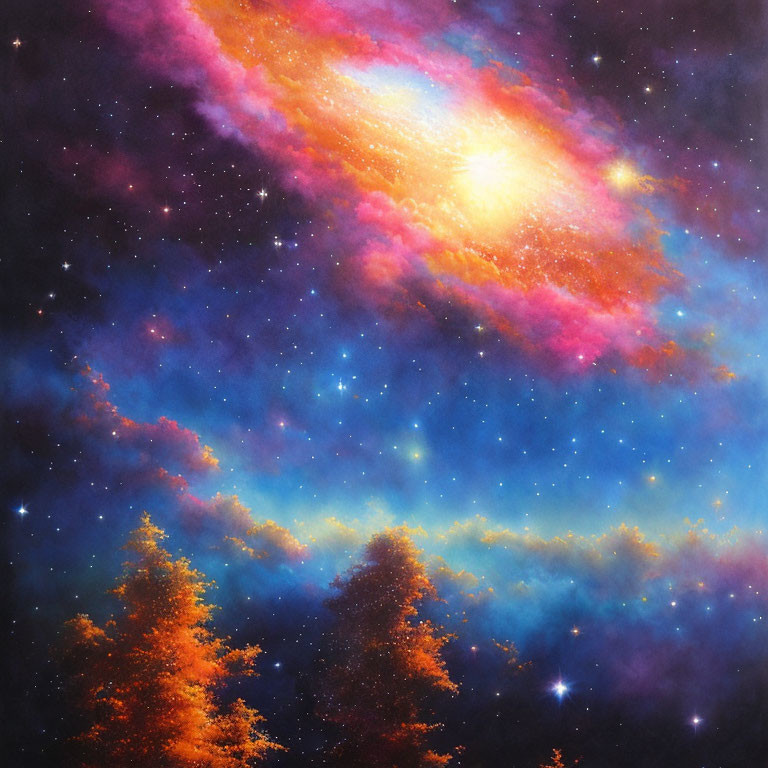 Colorful Cosmic Galaxy and Celestial Dust Over Silhouetted Treetops