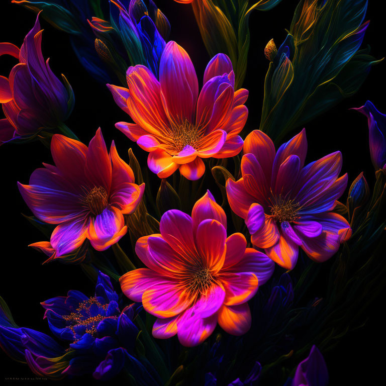 Bright orange and pink flowers with visible stamens on dark background