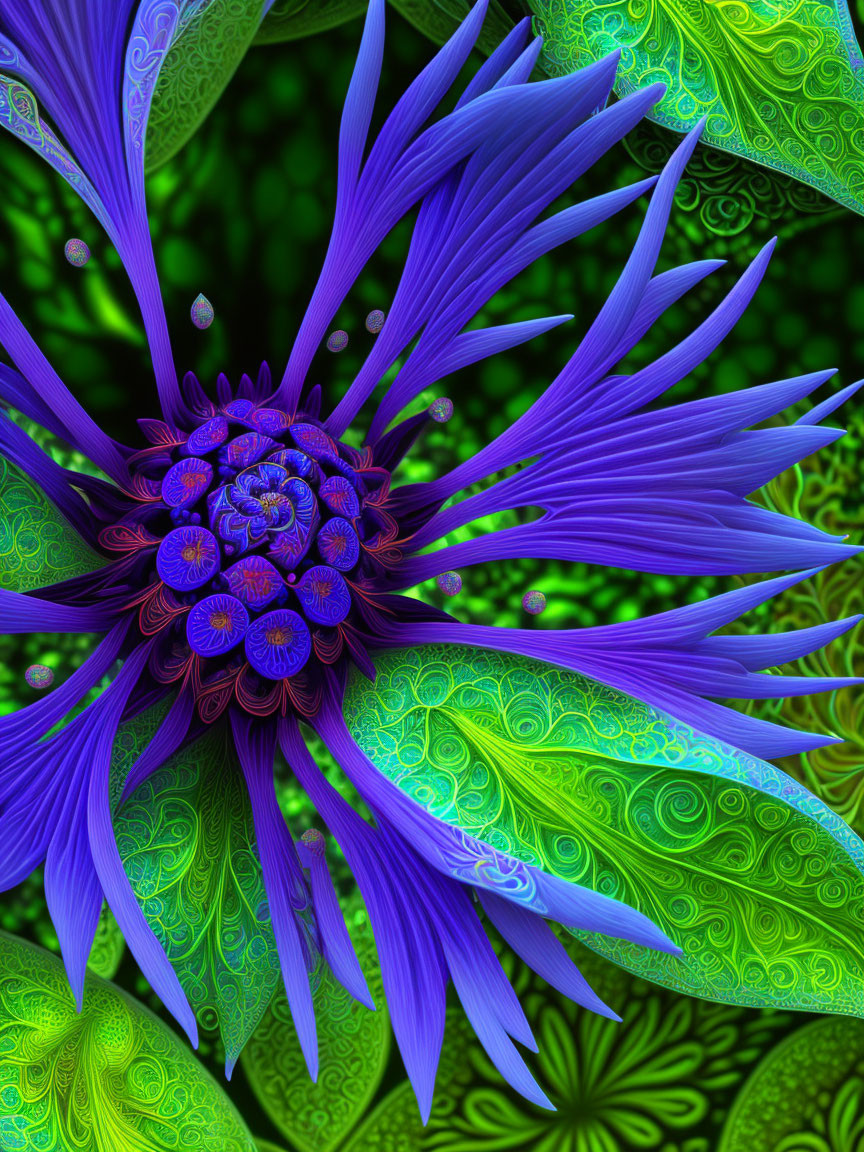 Detailed Blue Flower Digital Artwork with Purple Center on Green Foliage Background