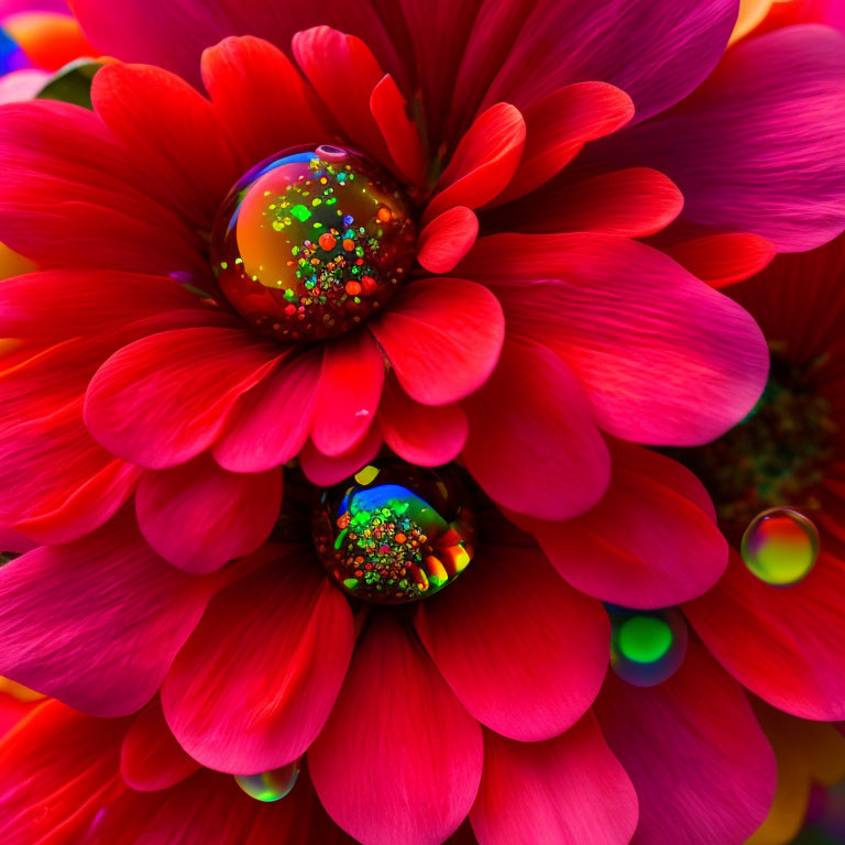 Bright red flowers with glossy droplets enhancing their centers.