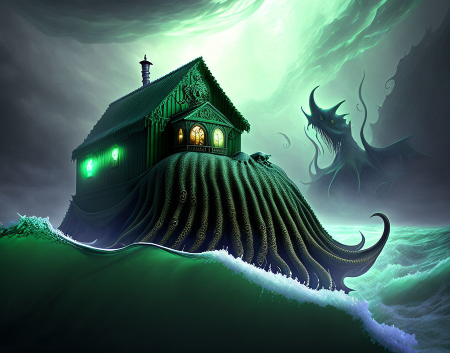 Fantasy illustration of haunted house on tentacles with ghostly creature