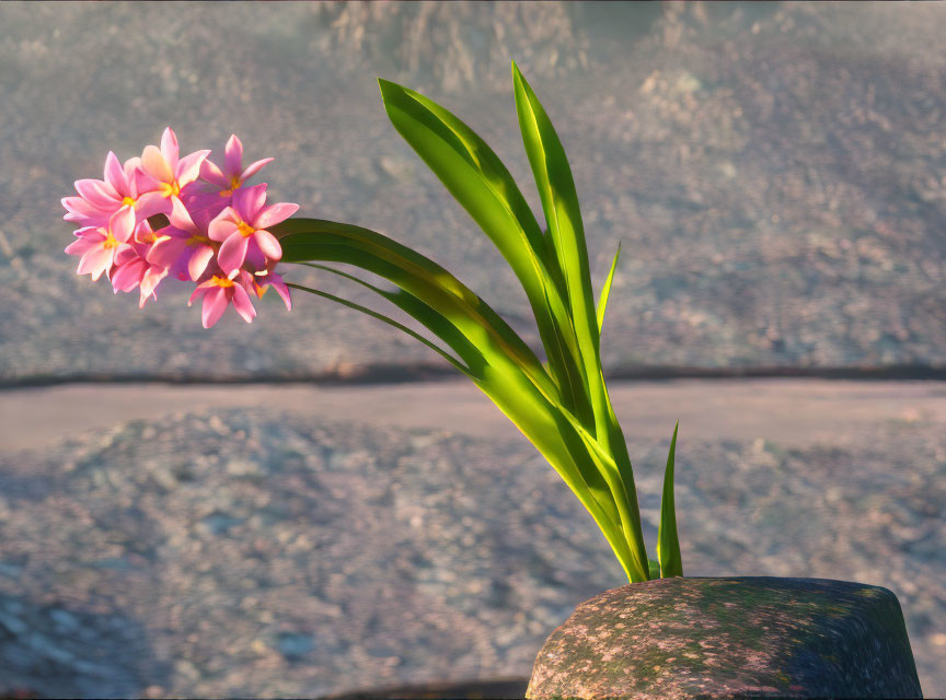 Pink Orchids in Stone Vase with Sunlit Rocky Background