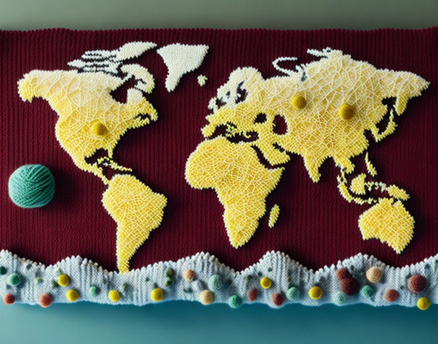 Yellow Knitted World Map on Red Background with Buttons and Green Ball