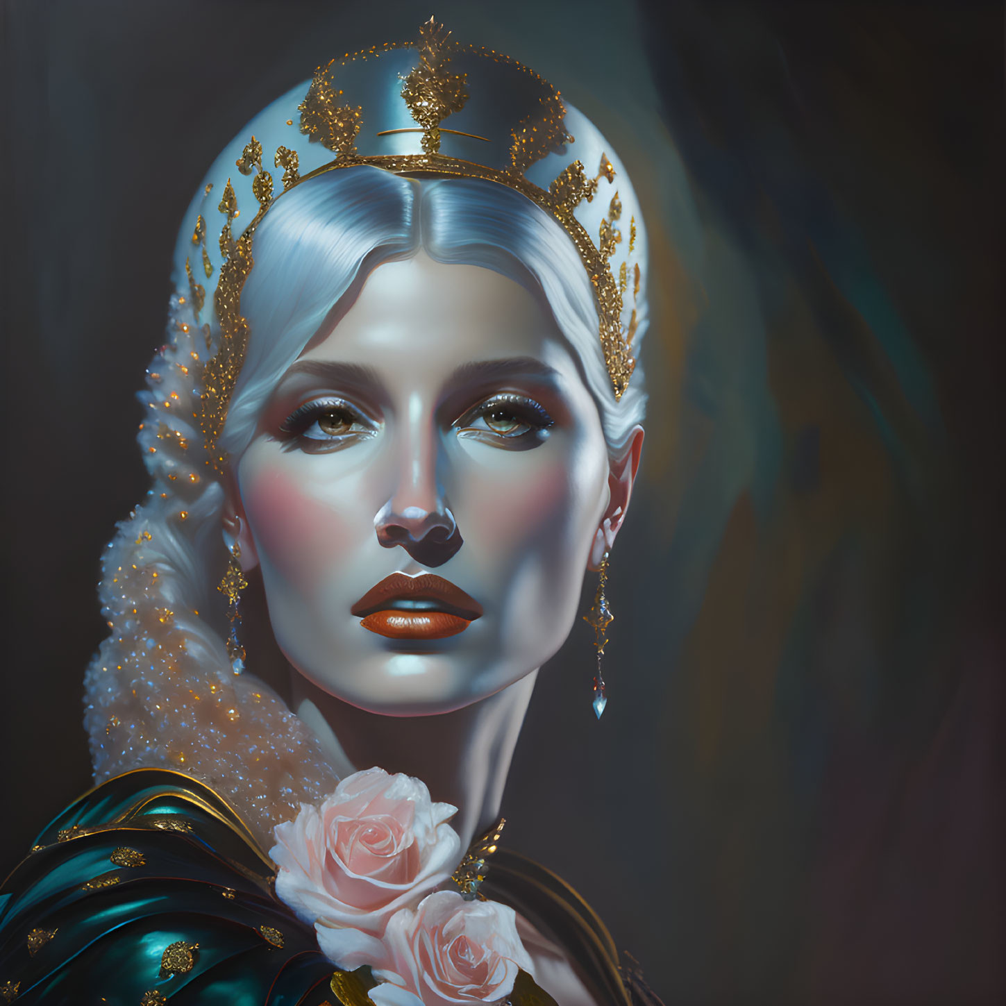 Regal figure with golden crown and jewelry surrounded by white hair and roses