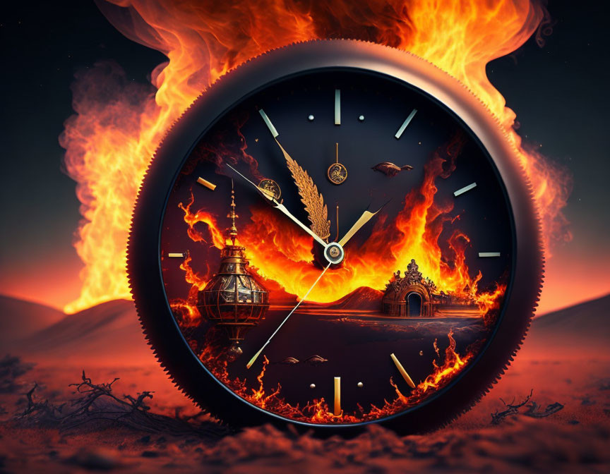 Surreal flaming clock in desert landscape