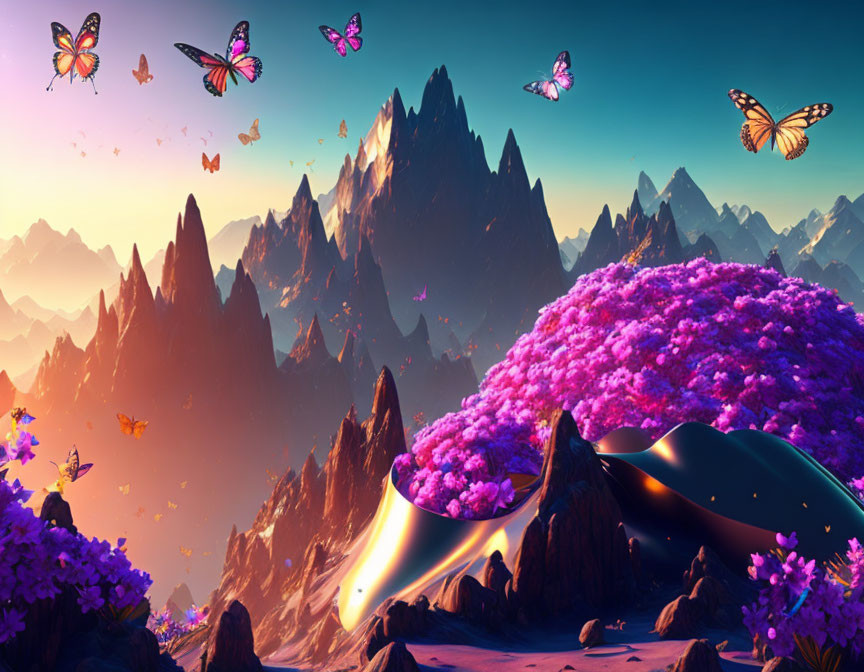 Colorful fantasy landscape with sharp peaks, pink tree, butterflies, and surreal sky