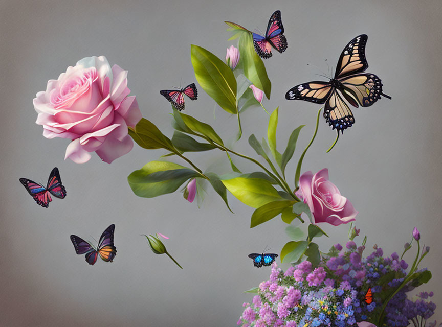 Pink rose, green foliage, and butterflies on muted backdrop