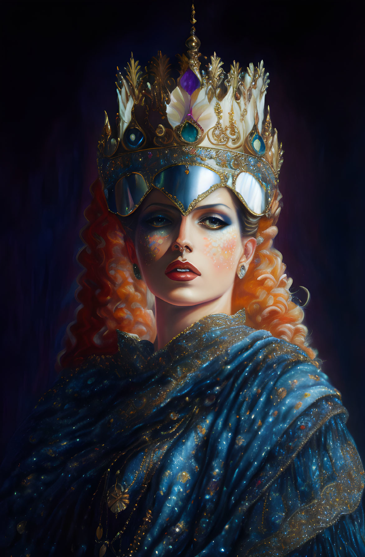 Regal woman with red hair, golden crown, blue cloak, intense gaze