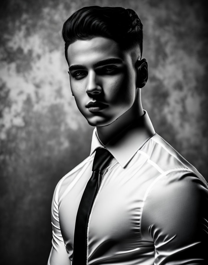 Monochromatic portrait of stylish man with slicked-back hair in shirt and tie