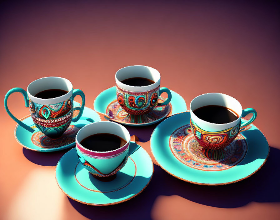 Ornate Coffee Cups on Matching Saucers on Gradient Background