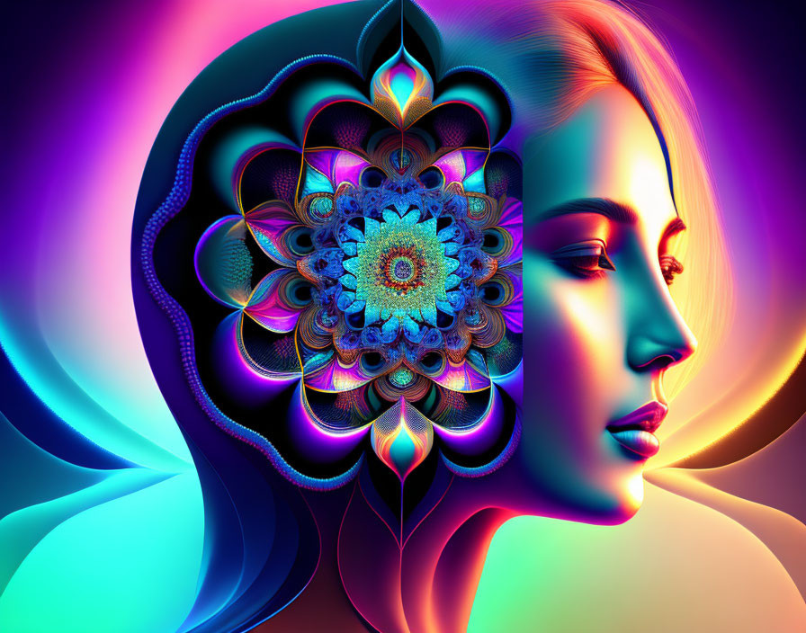 Vibrant digital artwork: Woman's profile with fractal mandala on head