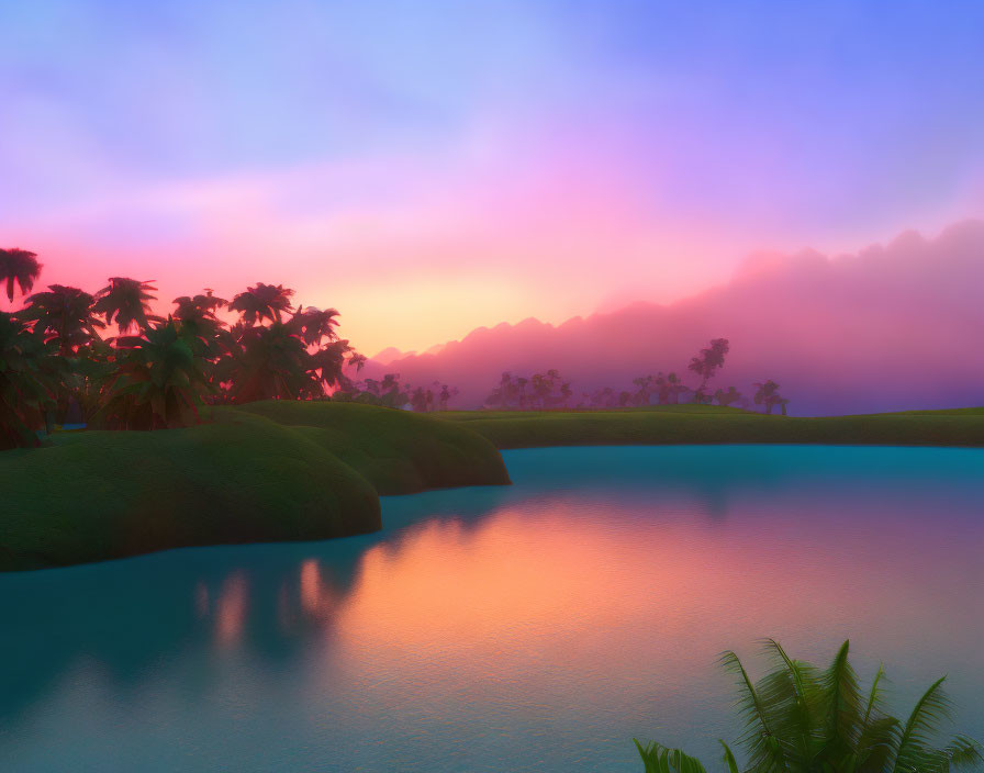 Tranquil tropical sunset scene with purple and orange skies, reflected in water, palm trees, and