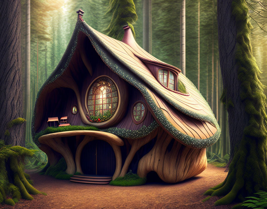 Curved roof fairytale house in enchanting forest with ornate windows