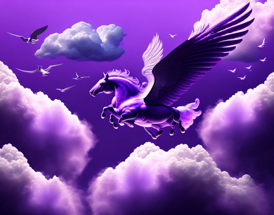 Purple Winged Horse Soaring in Vibrant Violet Sky