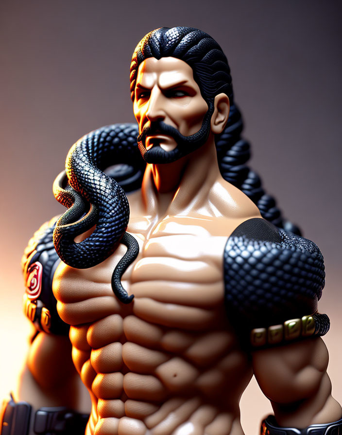 Muscular man figurine with snake, beard, and braided hair on gradient background