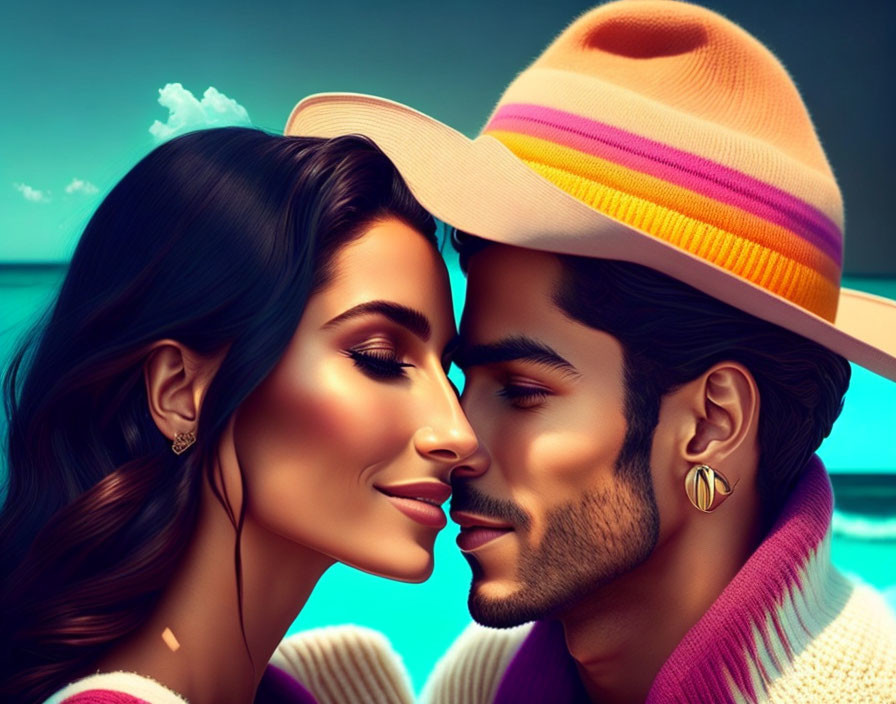 Digital artwork of romantic couple near kiss, man in hat, woman with bold lashes on teal background