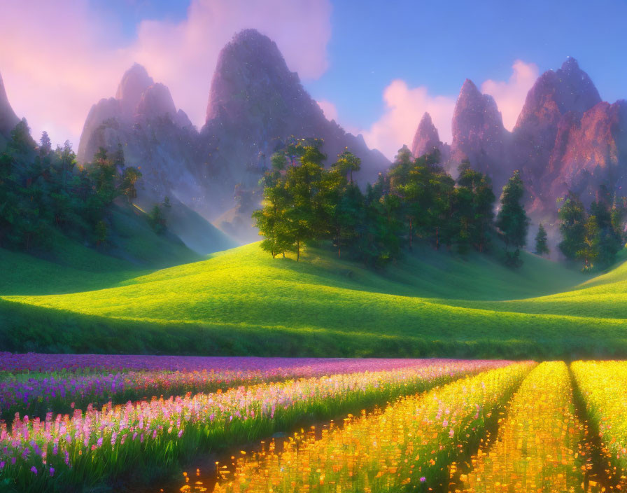 Vibrant flower fields, green hills, and majestic mountains under a pastel sunrise