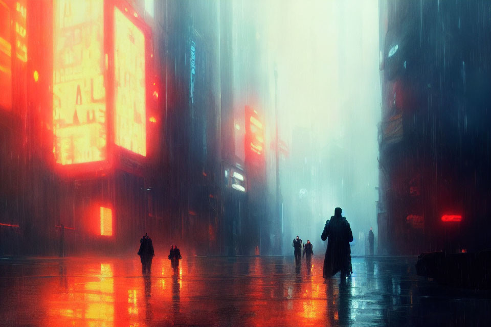Neon-lit city street in the rain with futuristic cyberpunk vibe