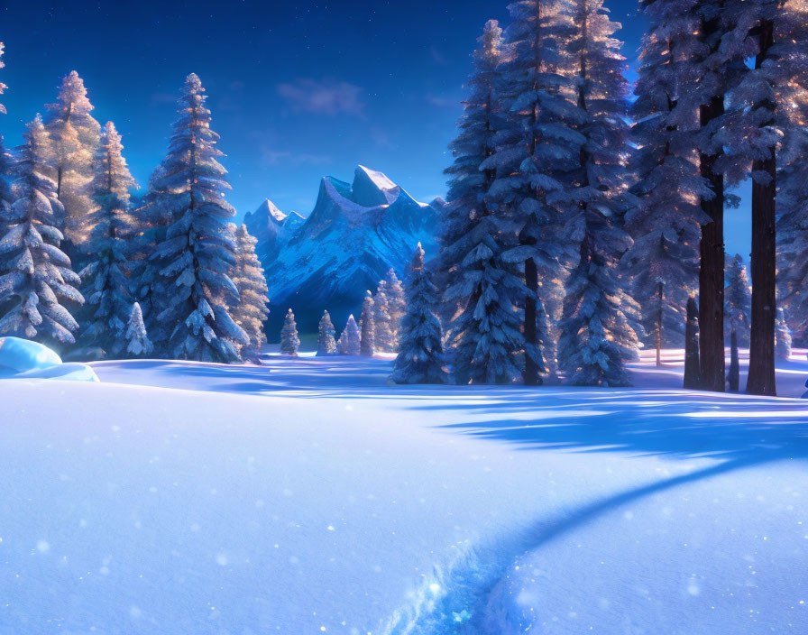 Snow-covered pine trees in serene winter twilight