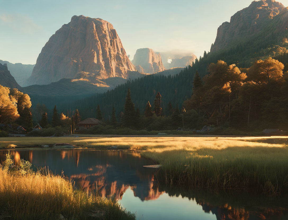 Tranquil sunrise landscape with lake, lush trees, grass, and towering cliffs