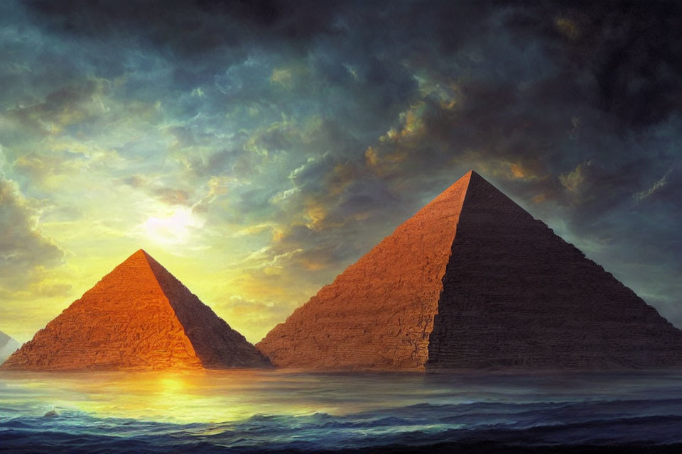 Vibrant sunset illuminates pyramids with orange and blue hues