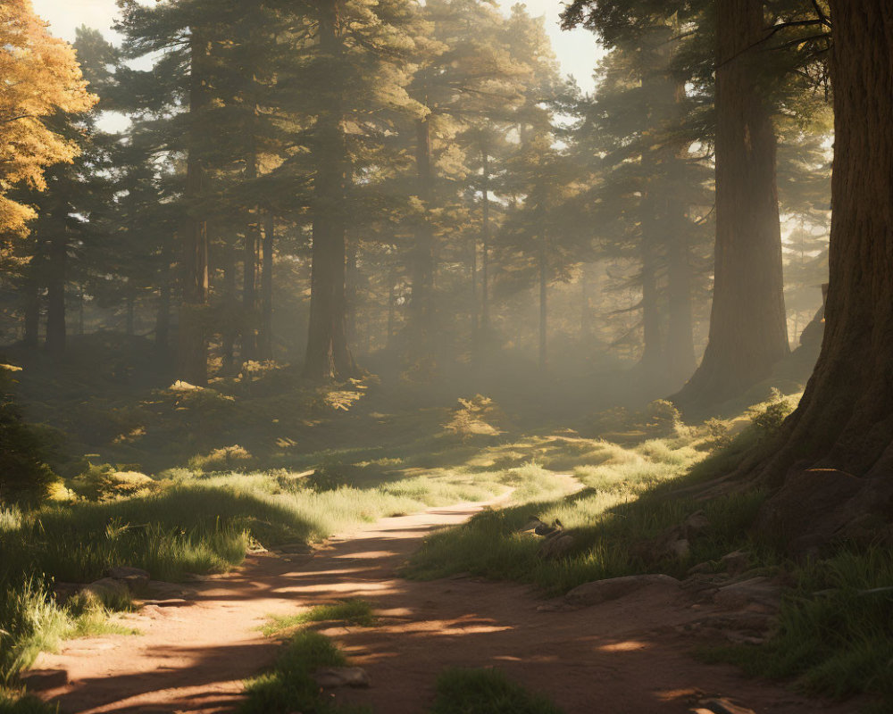 Serene forest scene with sunlight filtering through tall trees