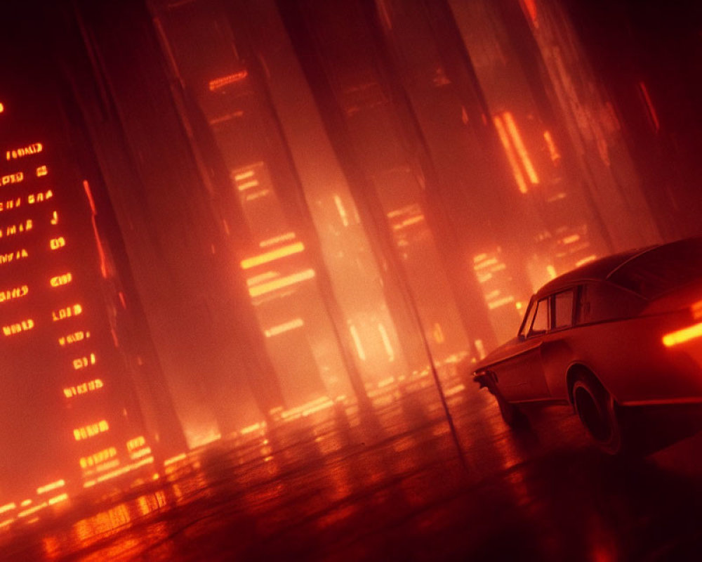 Vintage car in futuristic tunnel with red light and data streams