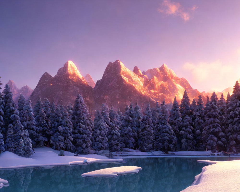 Winter Sunset Scene: Snowy Landscape, Frozen Lake, Pine Trees & Glowing Peaks