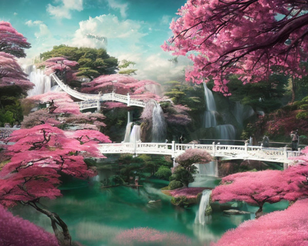 Tranquil landscape with pink cherry blossoms, waterfalls, pond, and ornamental bridge