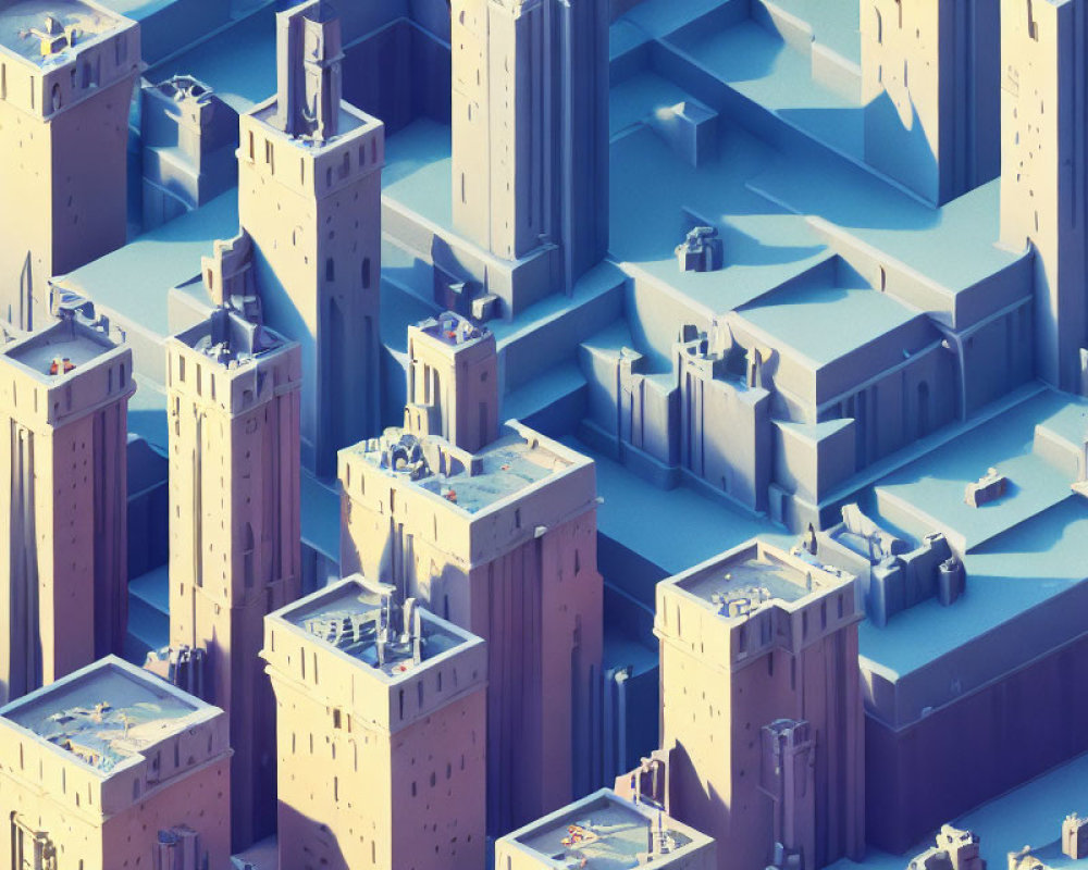 Stylized isometric futuristic city with tall buildings in cool blue tones