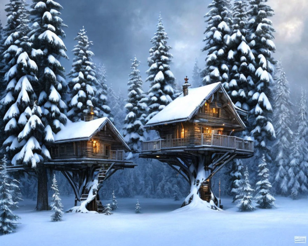 Snow-covered two-story wooden treehouse in serene winter scene