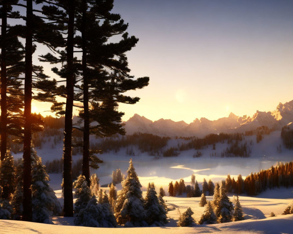 Snow-covered winter landscape at sunrise: serene scene with golden light casting long shadows.