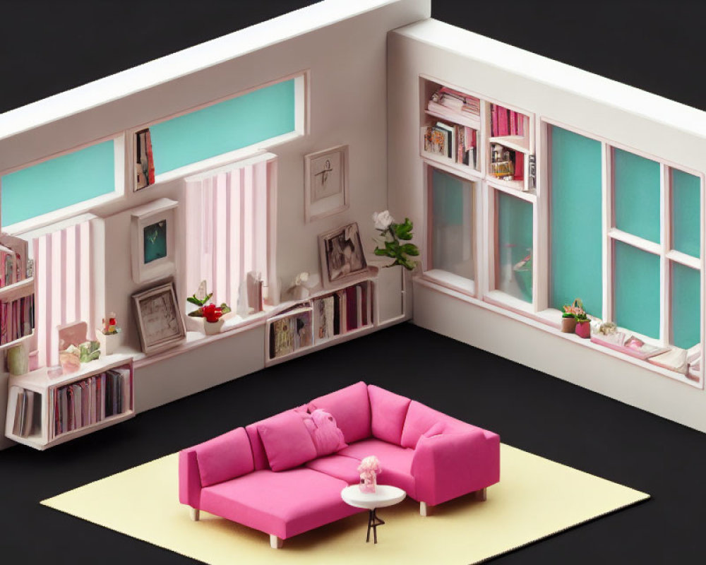 Miniature corner room with pink sofa, teal curtains, and bookshelf in cozy modern design