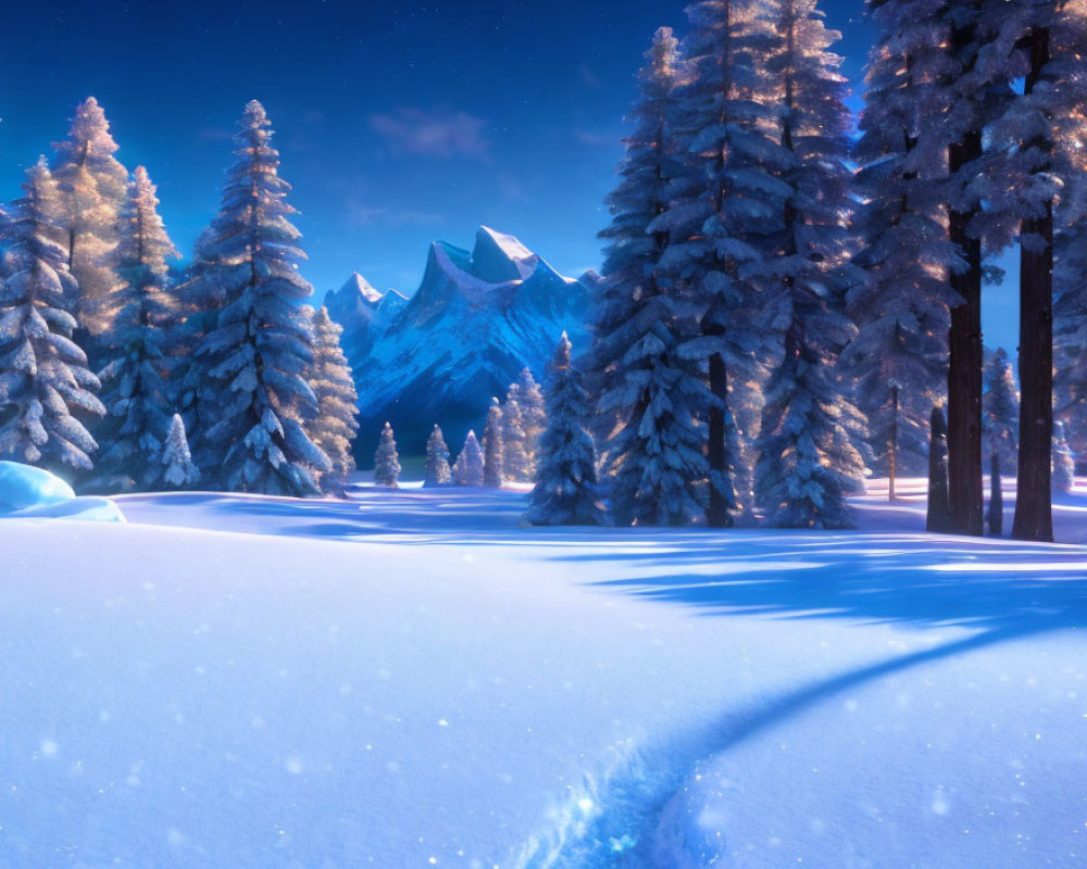 Snow-covered pine trees in serene winter twilight