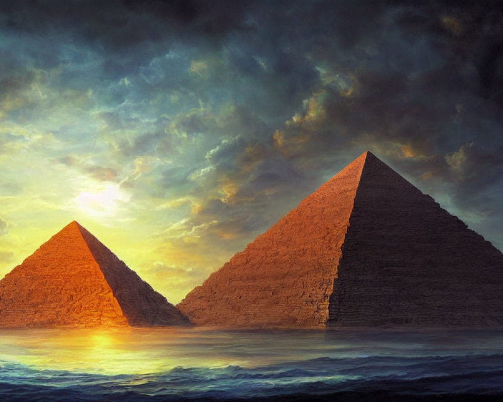 Vibrant sunset illuminates pyramids with orange and blue hues